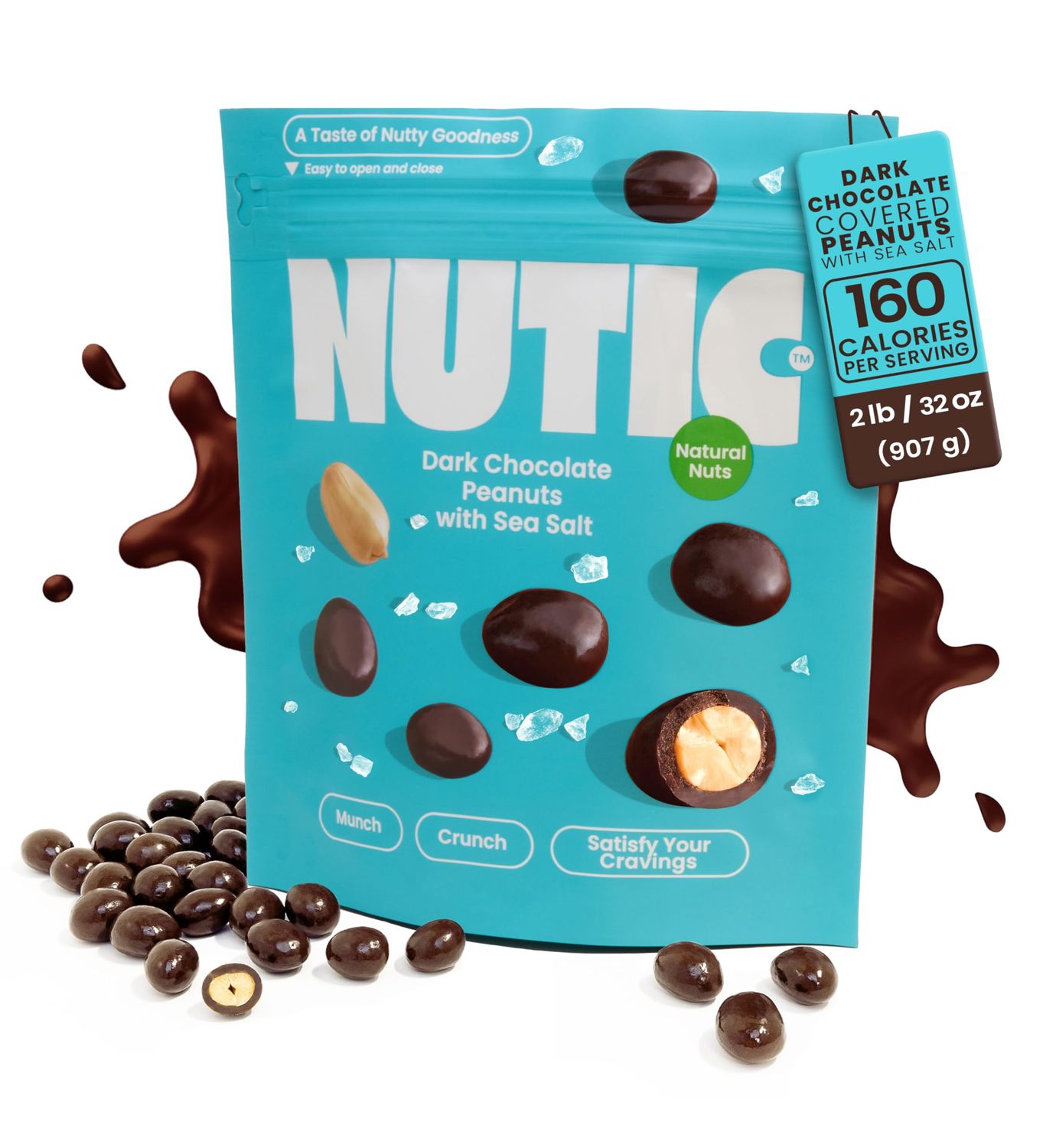 Nutic Sea Salt Dark Chocolate Covered Peanuts - 2 Lb. Luxurious Gourmet Snack Ideal for Dark Chocolate, Almond &amp; Cashew Lovers, Belgian Quality, Healthy Indulgence, Made in USA - Pack of 1