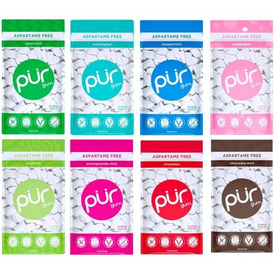 PUR Gum 8 Flavor Assortment Spearmint, Peppermint, Pomegranate Mint, Wintergreen, Cinnamon, Coolmint, Chocolate &amp; Bubblegum