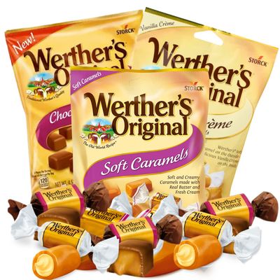 Werther&#39;s Soft Chewy Caramels Pack with Vanilla Creme, Chocolate Covered, and Caramel, Individually Wrapped Candy, Gourmet Gift Basket Stuffers for Men or Women, Pack of 3, 4.51 Ounce