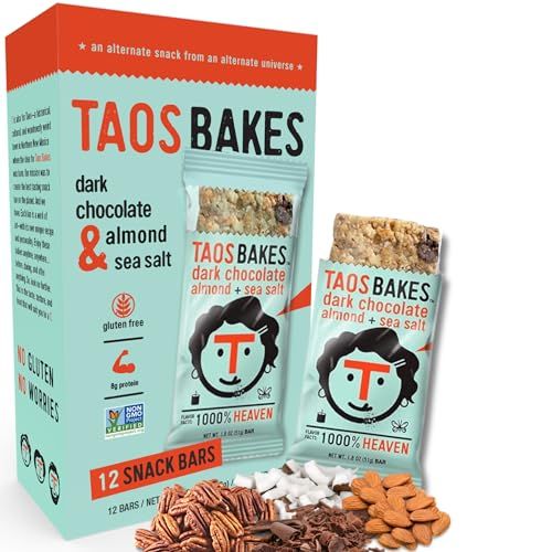 Taos Bakes - Snack Bars - Dark Chocolate Almond + Sea Salt - Protein Bars - 8g of Protein, High Fiber, Vegan, Gluten Free, &amp; Non-GMO - Healthy Snacks for Adults &amp; Kids - (12 Pack, 1.8oz Bars)