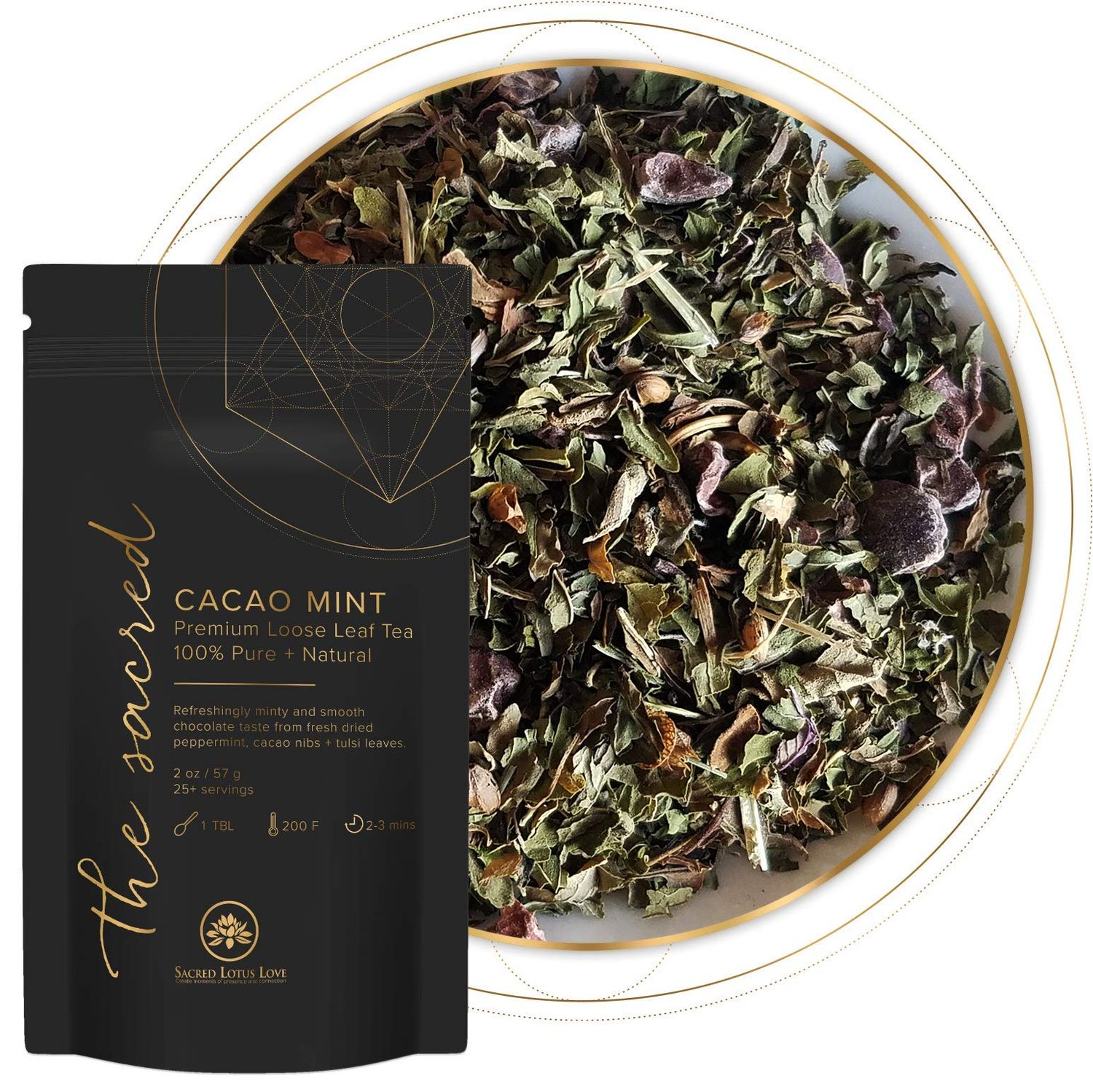 Cacao Mint Loose Leaf Tea (25+ cups) | Herbal | No Caffeine | Chocolate Mint Tea Peppermint | 100% Pure + Natural | Organic + Sustainably Sourced | No Additives 57g