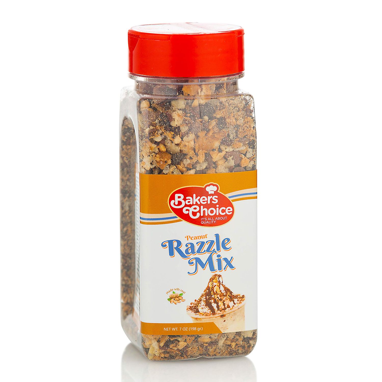 Peanut Razzle Crunch Topping - Chocolate, Caramel, Butterscotch and Peanut Mix - Sprinkles for Ice Cream Sundae Toppings - 7 oz. - Dairy Free, Kosher - Bakers Choice