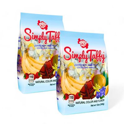 Simply Taffy Soft &amp; Chewy Gourmet Taffy Made With Real Fruit Puree 12-Oz Bulk 2 Pack Mango, Banana, Raspberry, Blueberry, Chocolate, Vanilla Naturally Flavored Individually Wrapped Nut &amp; Gluten Free