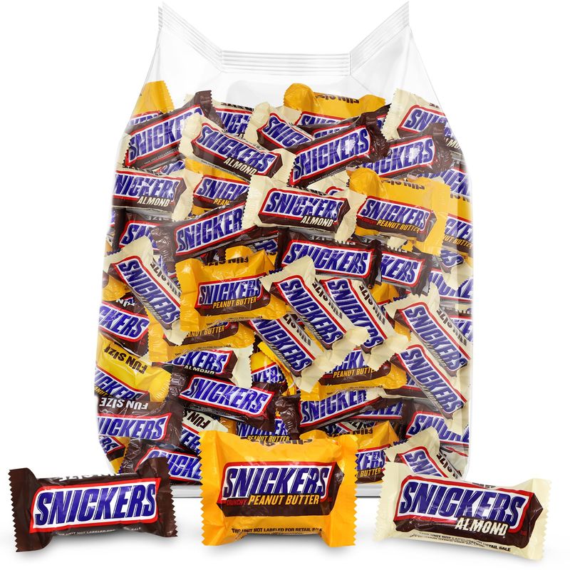 Snicker Bulk Chocolate Candy Variety Pack - 1.5 Pound Fun size Milk Chocolate Candy Bars Crunchy Peanut Butter, Almonds &amp; Peanuts Caramel Assortment Party Size Bag