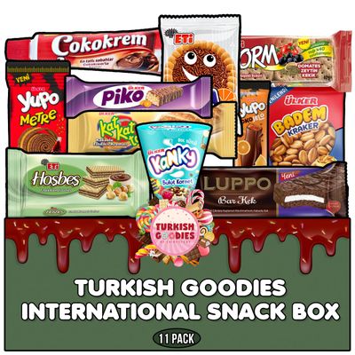 Turkish Goodies International Snacks Variety Box - Bite Size Snacks For College, Office, Dorm - Cool Mini Snacks Including Chocolate Bars, Marshmallow, Cookies - 11ct