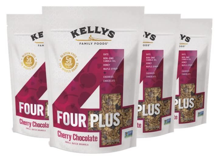 Kelly&#39;s Four Plus Granola (Cherry Chocolate) Granola Cereal with Whole Grain Oats, Honey, Maple Syrup - Non-GMO, Low Sugar, Sodium Free and Gluten Free Granola for Yogurt - 12oz (Pack of 4)