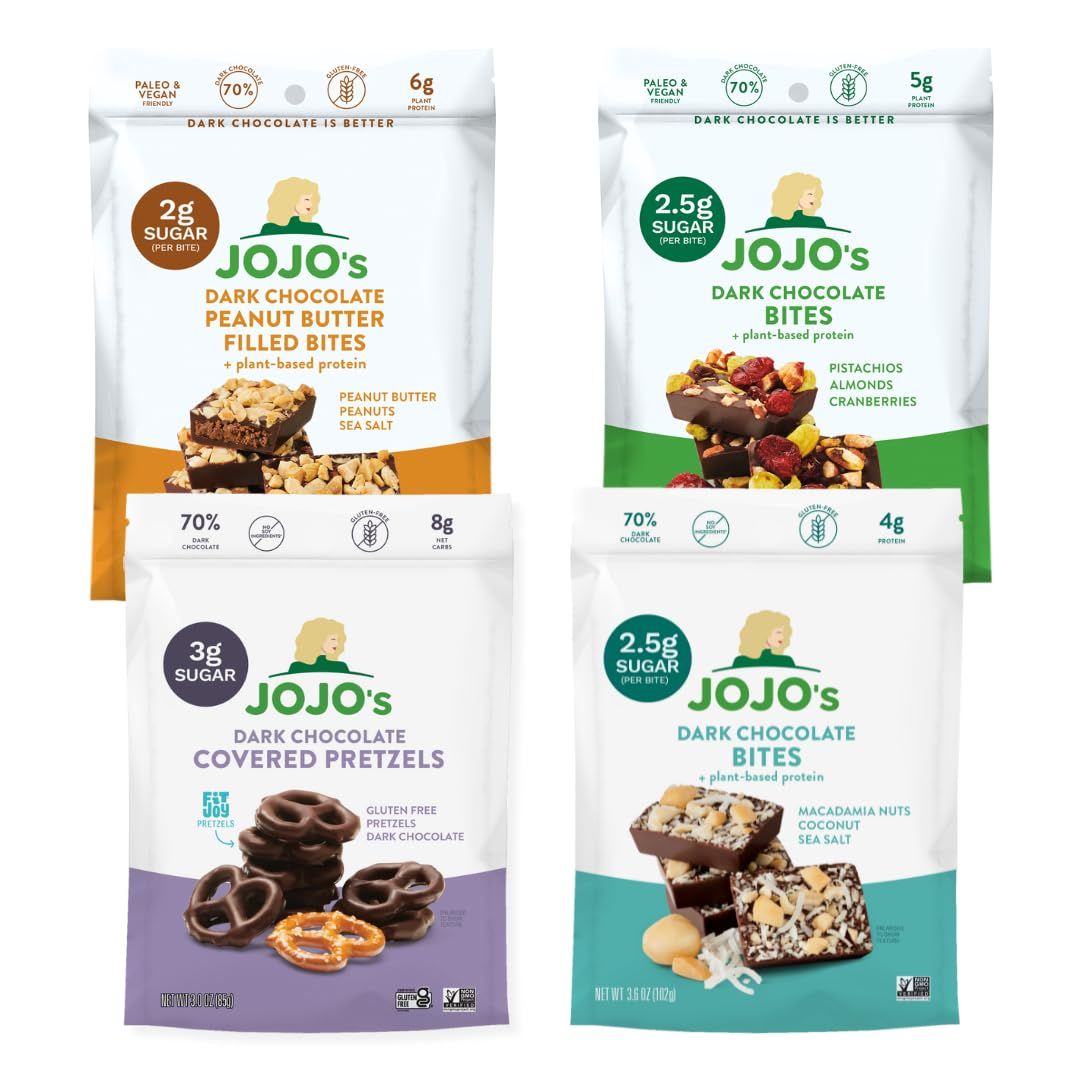JOJO&#39;s Dark Chocolate Variety Pack, Healthy Snack, Low Sugar, Low Carb, Gluten Free, Non GMO, Paleo &amp; Keto Friendly, Made with Plant Based Hemp Protein, Vegan (4 Count)