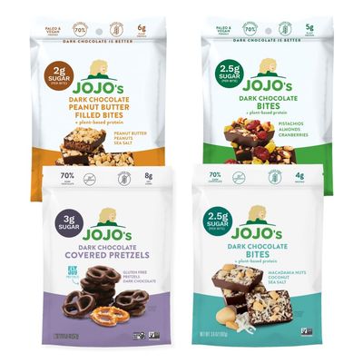 JOJO&#39;s Dark Chocolate Variety Pack, Healthy Snack, Low Sugar, Low Carb, Gluten Free, Non GMO, Paleo &amp; Keto Friendly, Made with Plant Based Hemp Protein, Vegan (4 Count)