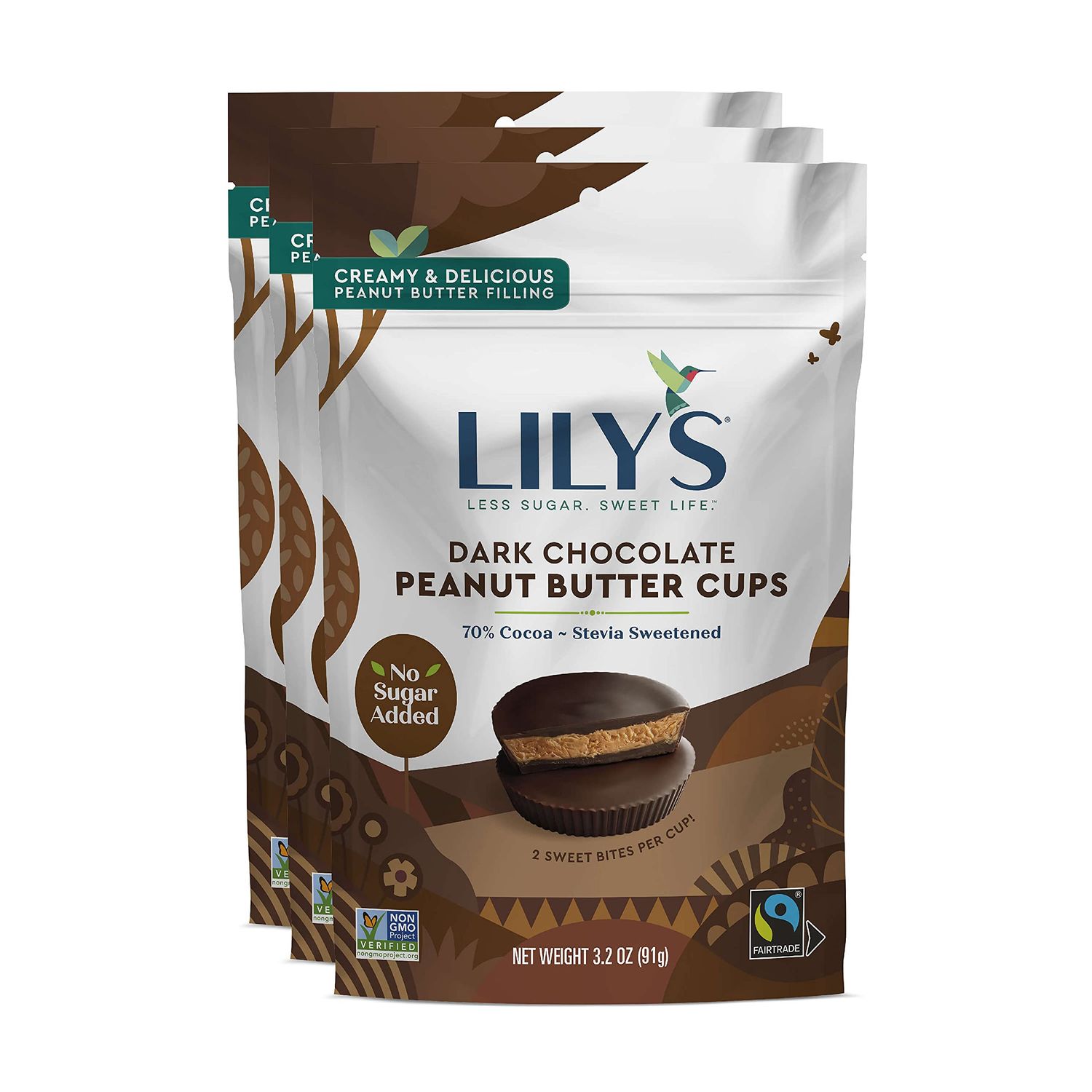 Dark Chocolate Peanut Butter Cups by Lily's Sweets | Made with Stevia, No Added Sugar, Low-Carb, Keto-Friendly Christmas Candy | Fair Trade, Gluten-Free &amp; Non-GMO | 3 Pack, 3.2 Oz