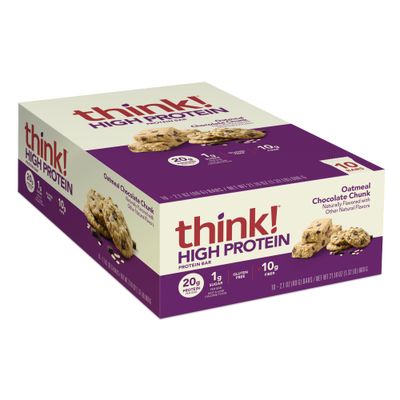 think! Protein Bars, High Protein Snacks, Gluten Free, High Fiber, Oatmeal Chocolate Chunk, 10 Count