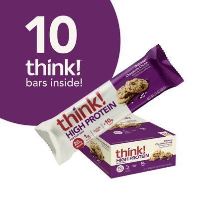 think! Protein Bars, High Protein Snacks, Gluten Free, High Fiber, Oatmeal Chocolate Chunk, 10 Count