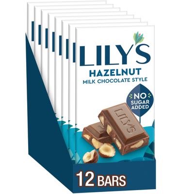 LILY&#39;S Hazelnut Milk Chocolate Style No Sugar Added, Sweets Bars, 2.8 oz (12 Count)