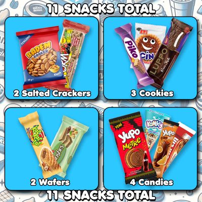 Turkish Goodies International Snacks Variety Box - Bite Size Snacks For College, Office, Dorm - Cool Mini Snacks Including Chocolate Bars, Marshmallow, Cookies - 11ct