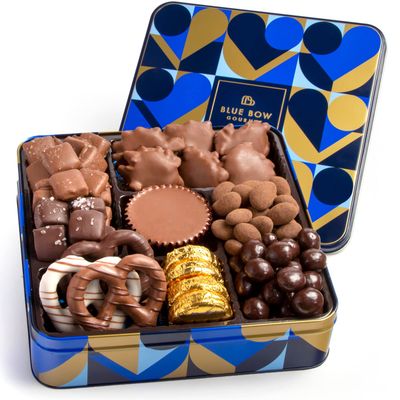 Blue Bow Gourmet Artisanal Chocolate Assortment Gift Tin for Christmas, Birthday, Thank You