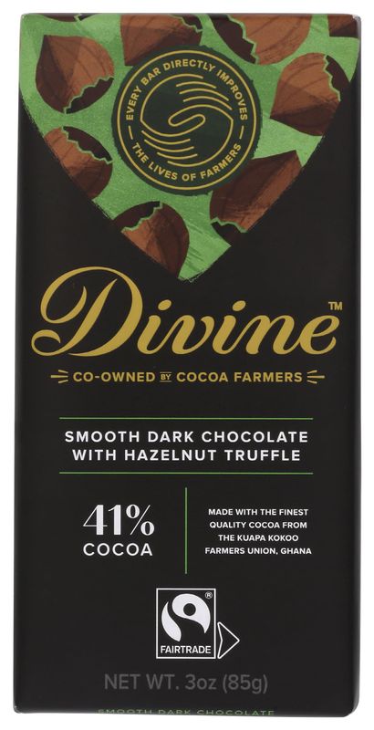 DIVINE CHOCOLATE Chocolate, Hazelnut Truffle Dark Chocolate, 3 Oz
