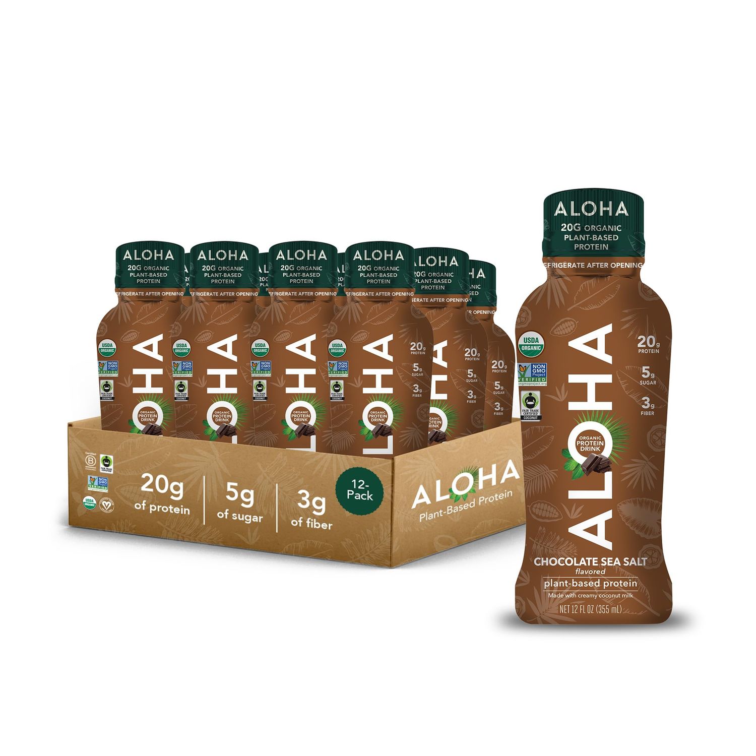 ALOHA Organic Plant Based Chocolate Sea Salt Protein Shake w/MCT Oil (12 ct, 12oz Bottle) 20g Protein, Meal Replacement, Low Sugar &amp; Carb, Gluten-Free, Paleo, Non-GMO, No Soy, Stevia or Sugar Alcohol