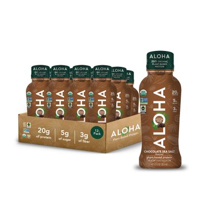 ALOHA Organic Plant Based Chocolate Sea Salt Protein Shake w/MCT Oil (12 ct, 12oz Bottle) 20g Protein, Meal Replacement, Low Sugar &amp; Carb, Gluten-Free, Paleo, Non-GMO, No Soy, Stevia or Sugar Alcohol