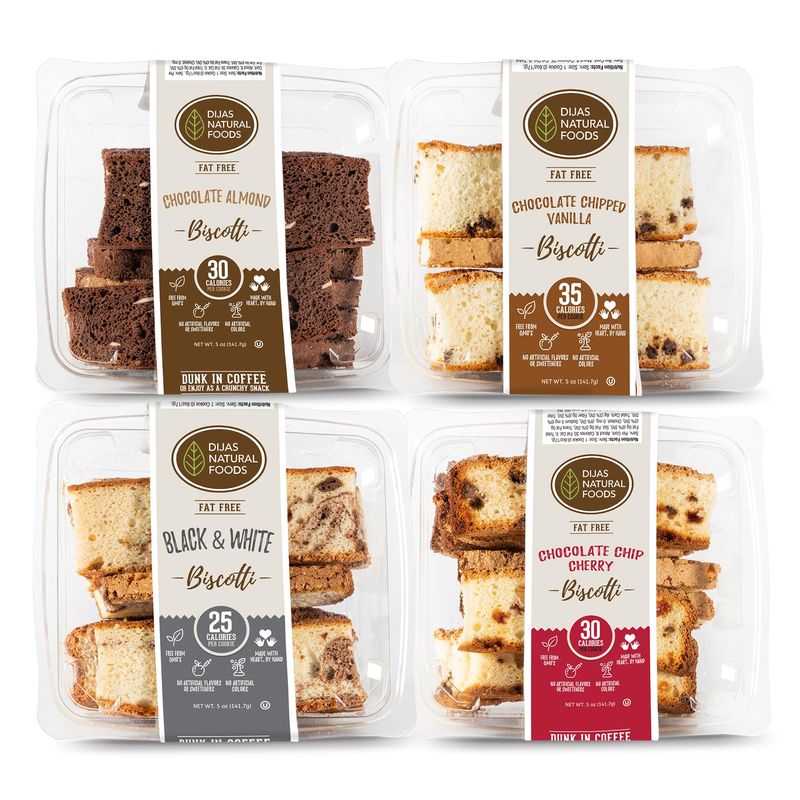 DIJAS Natural Foods, Crunchy Fat Free Biscotti Cookie, All Natural Preservative Free Ingredients, Delicious Low Calorie Snack (4 Pack, Chocolate Lovers)