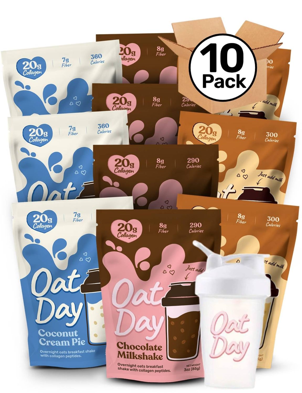 Oat Day Variety 10 Pack + Shaker Bottle - Overnight Oats Shake With 20g Collagen Peptides - 4 Chocolate Milkshake + 3 Cinnamon Roll + 3 Coconut Cream Pie - High Protein Instant Oatmeal