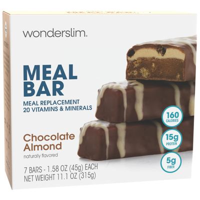 WonderSlim Meal Replacement Protein Bar, Chocolate Almond, 15g Protein, 20 Vitamins &amp; Minerals (7ct)