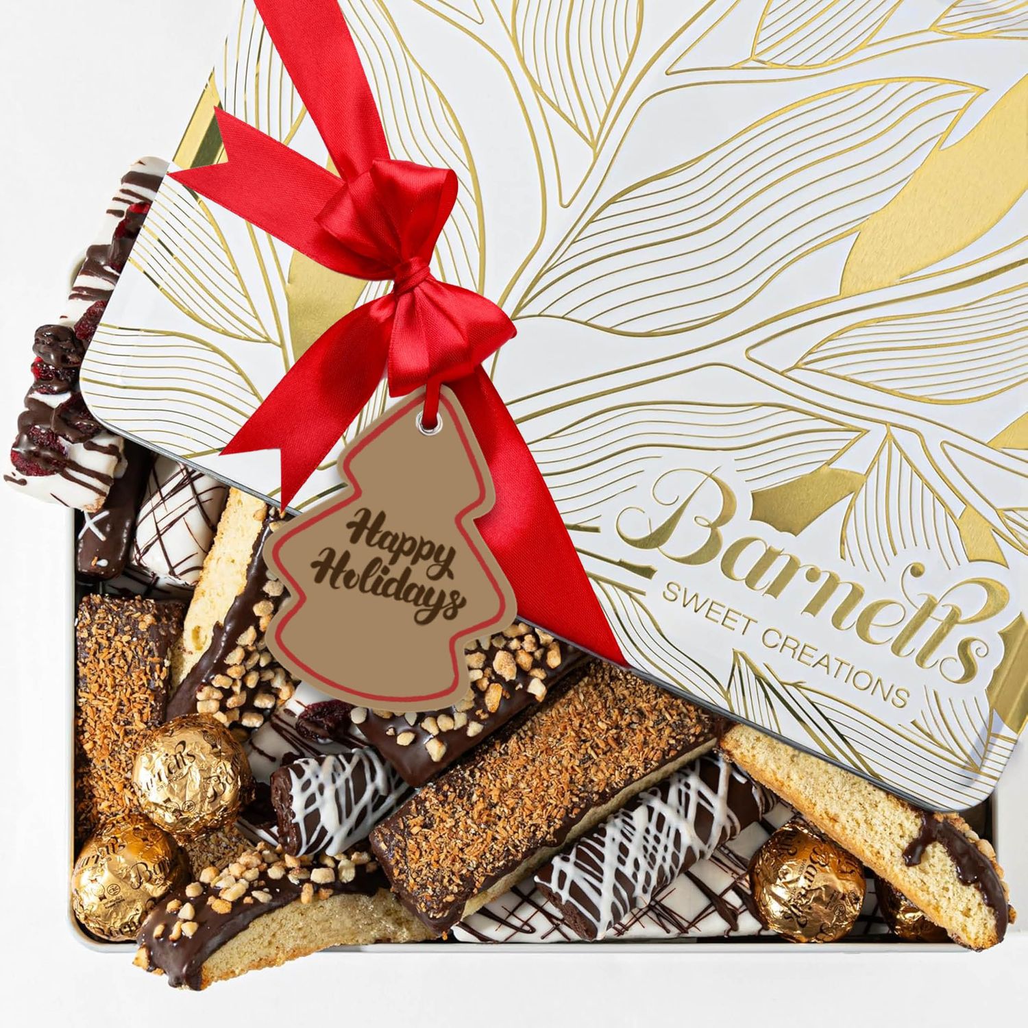 Christmas Gift Basket with Biscotti Cookies &amp; Chocolate Truffles, Holiday Cookie Gift Tin Ideas for Women, Food Delivery for Coworkers, Family &amp; Friends
