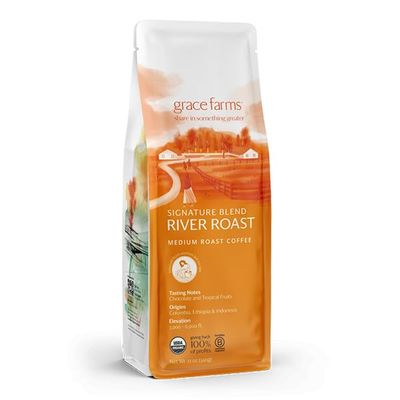 Grace Farms, Organic Whole Bean Coffee, River Roast Blend (Colombia, Ethiopia, Indonesia) Medium Roast, 12oz Bag, 1 Count | Notes of Chocolate &amp; Tropical Fruits | Gives Back 100% of Profits