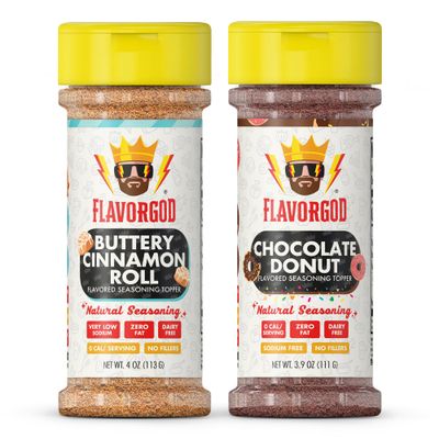 Flavor God Dynamic Dessert Duo Pack of 2 Seasoning Topper Gift Set, Buttery Cinnamon Roll &amp; Chocolate Donut, Natural Healthy Blend For Donuts, Fruit Ice Cream, Coffee, Low Sodium, Gluten &amp; Dairy Free