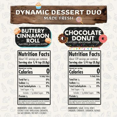 Flavor God Dynamic Dessert Duo Pack of 2 Seasoning Topper Gift Set, Buttery Cinnamon Roll & Chocolate Donut, Natural Healthy Blend For Donuts, Fruit Ice Cream, Coffee, Low Sodium, Gluten & Dairy Free