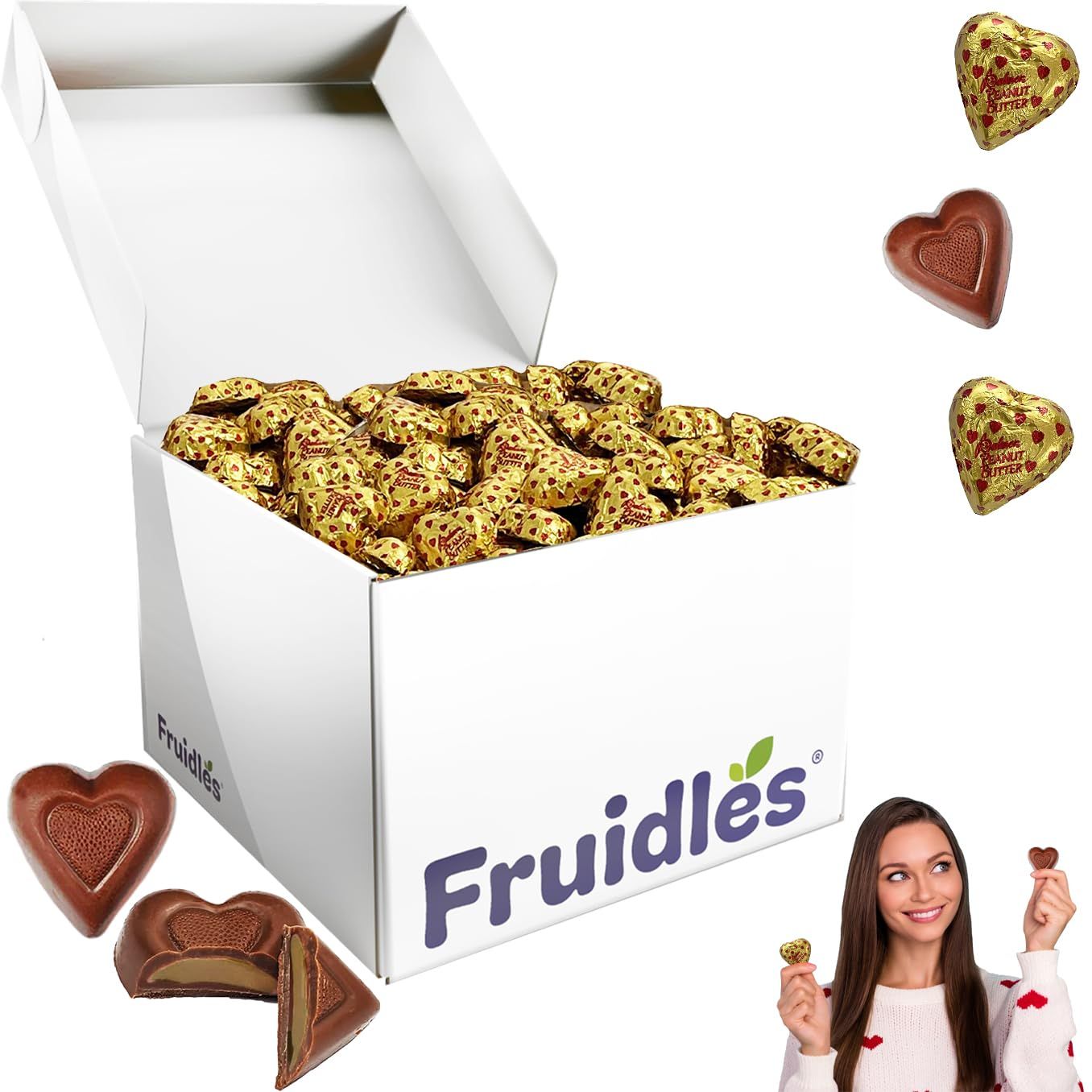 Fruidles Valentine&#39;s Milk Peanut Butter Chocolate Hearts, Holiday Treats, Individually Wrapped Foils, Kosher Certified Dairy (5 Pounds (Bulk))