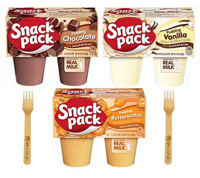 Snack Pack Pudding Variety Pack, Chocolate, Vanilla, and Butterscotch, 4 cups of each flavor (12 cups total) - with Make Your Day Bamboo Sporks