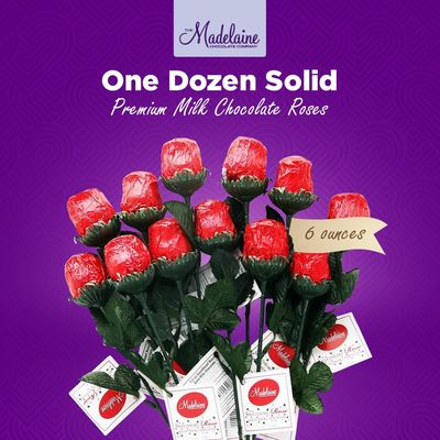 Madelaine Chocolate Roses Individually Wrapped in Italian Foils - Premium 1/2 OZ Solid Milk - Rose Red Bouquet 12 Pack Flower Bulk
