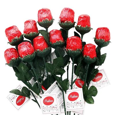 Madelaine Chocolate Roses Individually Wrapped in Italian Foils - Premium 1/2 OZ Solid Milk - Rose Red Bouquet 12 Pack Flower Bulk