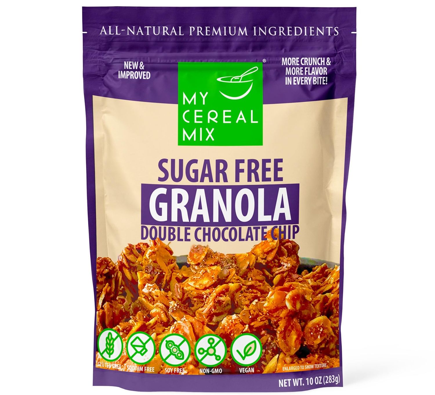 MyCerealMix Sugar Free Granola - Double Chocolate Chip | Made with Real Chocolate &amp; Organic Coconut Oil | All-Natural, Non-GMO, Plant-Based, Gluten-Free, Sodium Free, No Erythritol | 10oz, 1-Pack
