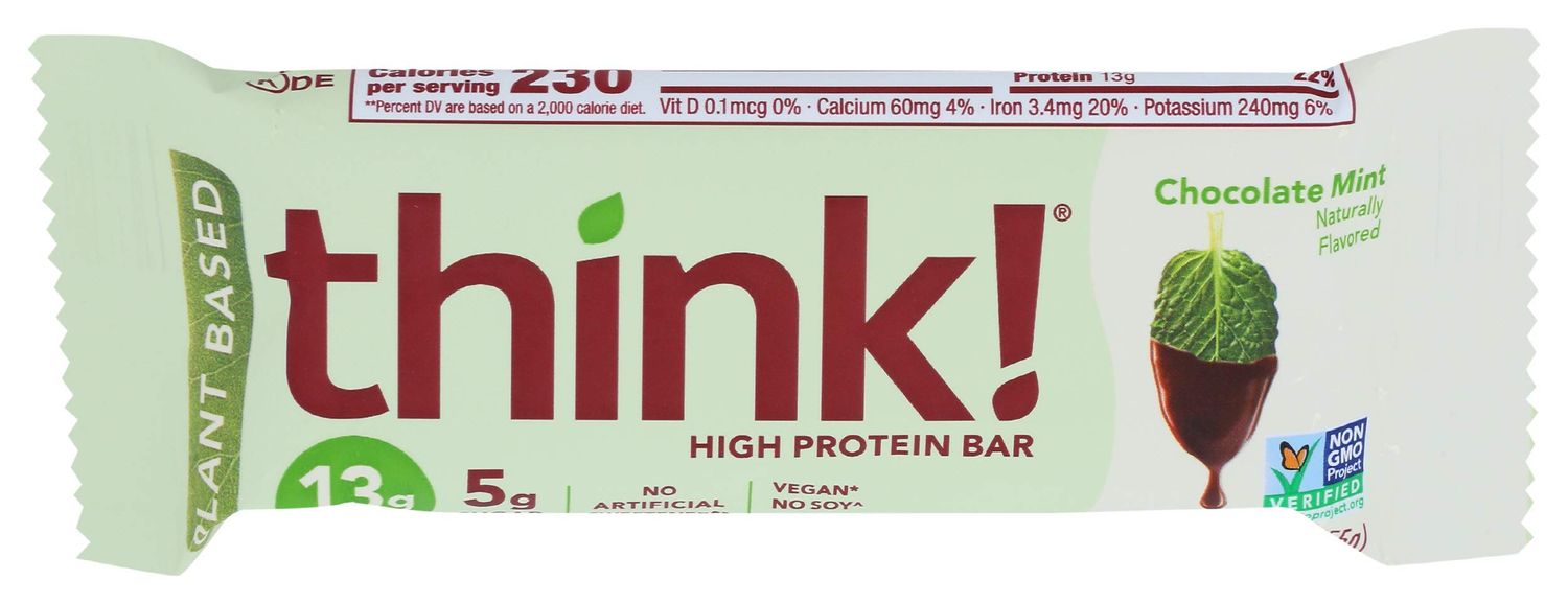 think!, Vegan/Plant Based High Protein Bars - Chocolate Mint, 13g Protein, 5g Sugar, No Artificial Sweeteners, Gluten Free, Non GMO Project Verified, 1.94 Ounce bar