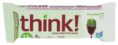 think!, Vegan/Plant Based High Protein Bars - Chocolate Mint, 13g Protein, 5g Sugar, No Artificial Sweeteners, Gluten Free, Non GMO Project Verified, 1.94 Ounce bar