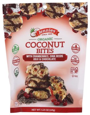 Jennies Organic Coconut Bite with Cranberries, Chia Seeds, Goji Berries and Chocolate, Gluten Free, Non-GMO, Peanut Free, 5.25 Ounce (Pack of 6)
