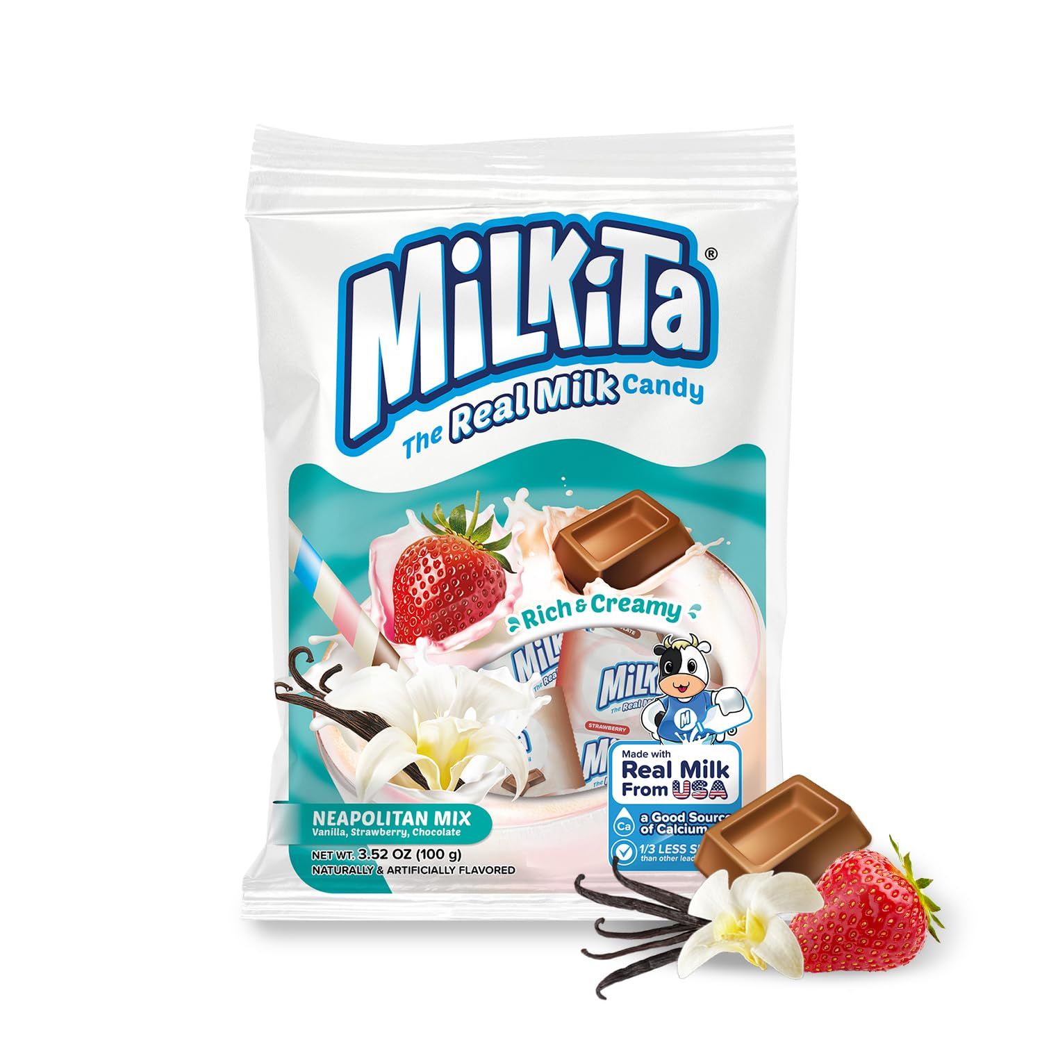 Milkita Creamy Shake Candy Bag, Gluten Free Chewy Candies with Calcium &amp; Real Milk, Zero Trans Fat, Low-Sugar, Neapolitan Flavors (Vanilla, Strawberry, Chocolate), 25 Pcs