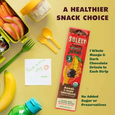 SOLELY - Organic Mango Chocolate Drizzled Fruit Jerky - 12 Individually Wrapped Fruit Strips - Fruit Leather Made from Dried Fruit - Healthy Snacks for Adults &amp; Kids - Vegan - 0.8oz (23g)