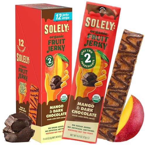 SOLELY - Organic Mango Chocolate Drizzled Fruit Jerky - 12 Individually Wrapped Fruit Strips - Fruit Leather Made from Dried Fruit - Healthy Snacks for Adults &amp; Kids - Vegan - 0.8oz (23g)