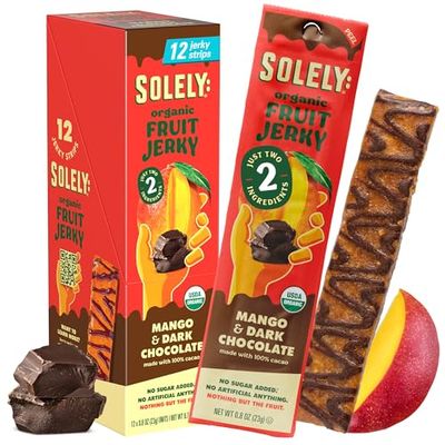 SOLELY - Organic Mango Chocolate Drizzled Fruit Jerky - 12 Individually Wrapped Fruit Strips - Fruit Leather Made from Dried Fruit - Healthy Snacks for Adults &amp; Kids - Vegan - 0.8oz (23g)