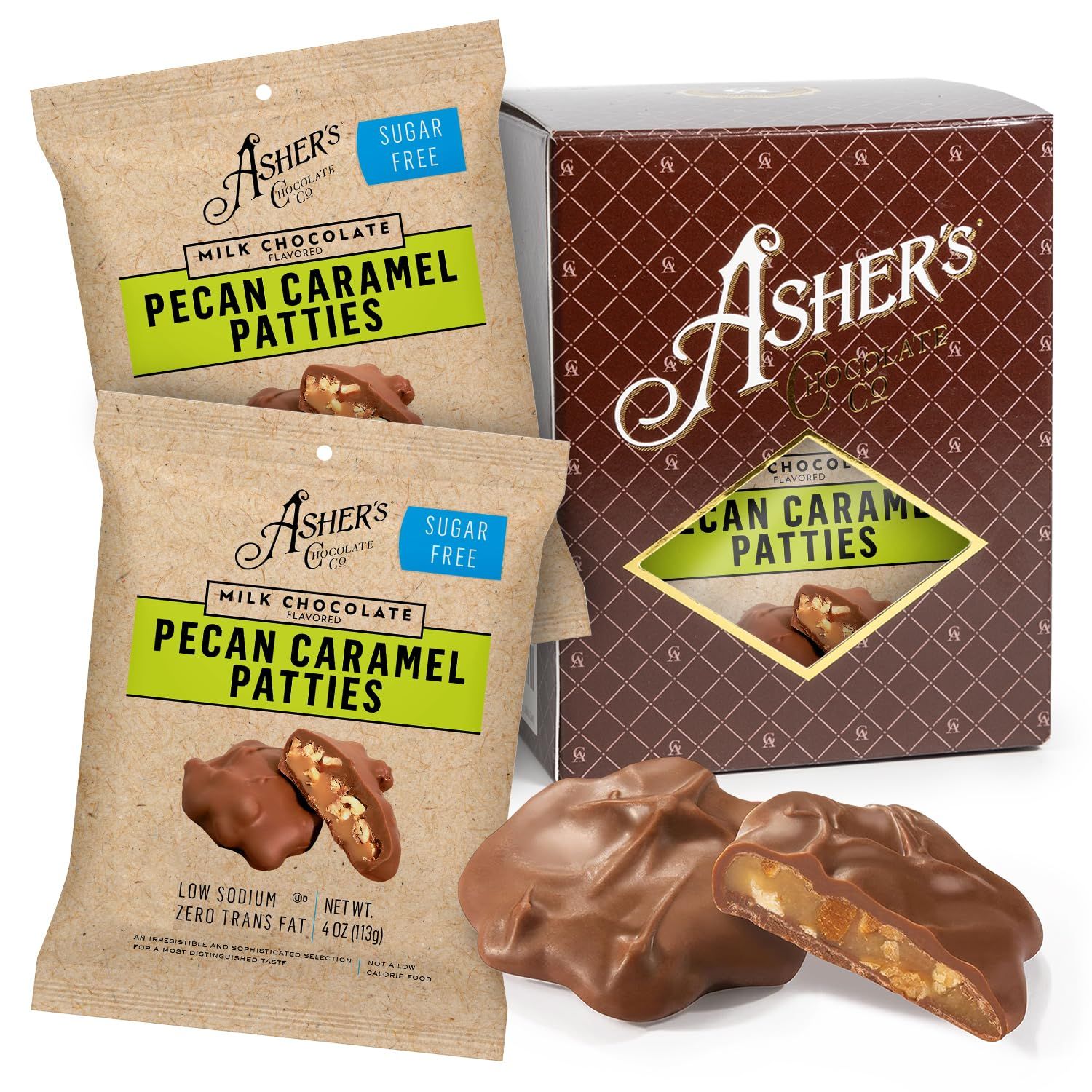 Asher&#39;s Chocolates, Sugar Free Pecan Caramel Patties, Milk Chocolate Assorted Keto Caramel Patty, Zero Sugar, Small Batches of Kosher Chocolate, Family Owned Since 1892 (Sugar Free, 8oz)