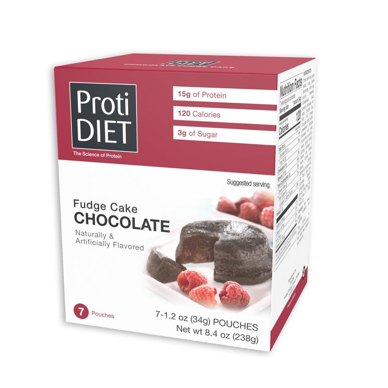 ProtiDIET Protein Chocolate Fudge Cake - 15g Protein - Low Fat High Protein Snacks for Adults - Quick and Easy-to-Prepare Healthy Protein Snack - 7 Cake Mix Pouches Per Box