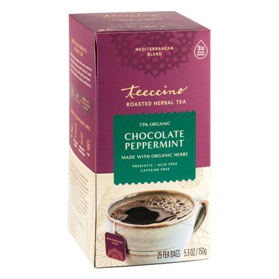 Teeccino Chocolate Peppermint Herbal Tea - Enjoy Hot or Iced Tea with Cooling Peppermint, Cocoa &amp; Chicory, Prebiotic, Caffeine Free, Acid Free, 25 Tea Bags