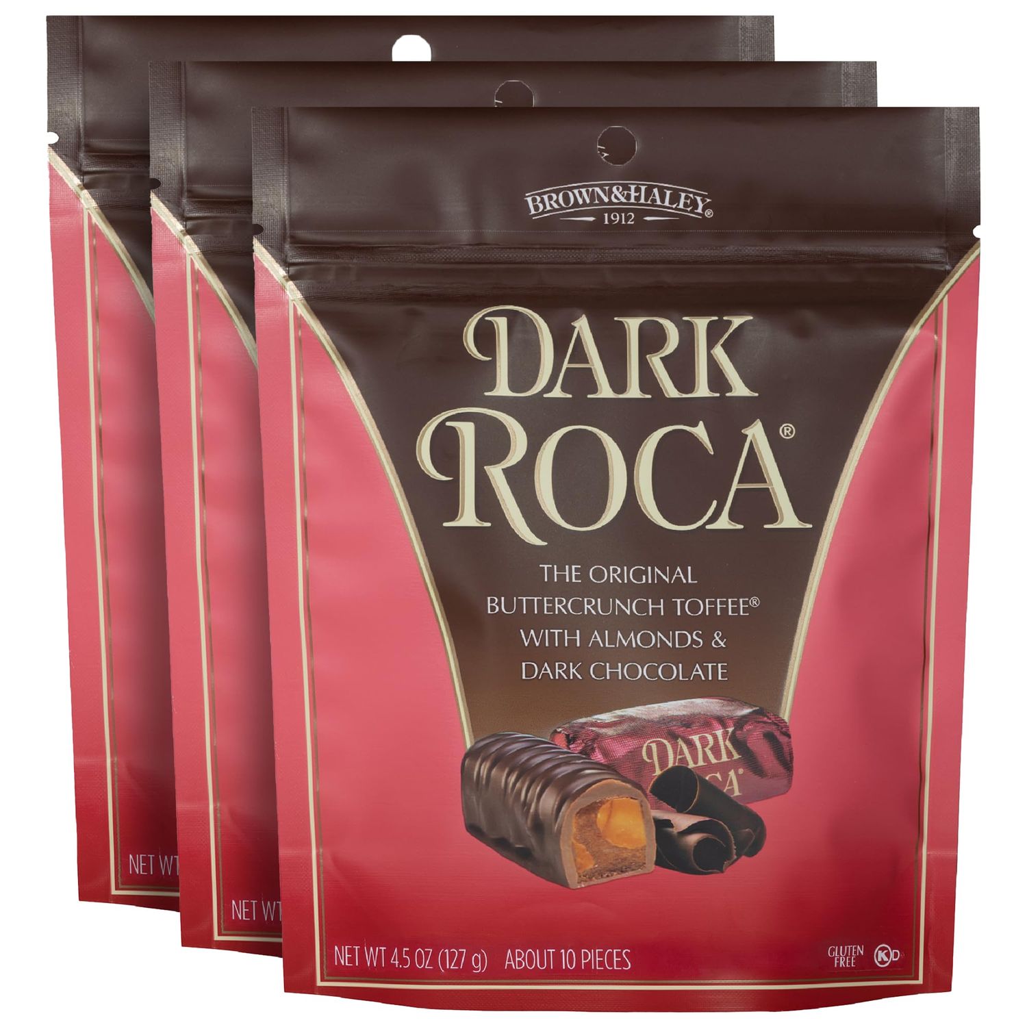 Brown &amp; Haley Almond DARK ROCA Stand-up Pouch, Individually Wrapped Dark Chocolate Candy, Buttercrunch Toffee with Almonds Covered in Dark Chocolate, 4.5 Ounces (Pack of 3)