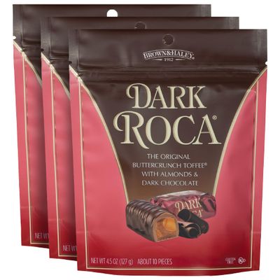 Brown &amp; Haley Almond DARK ROCA Stand-up Pouch, Individually Wrapped Dark Chocolate Candy, Buttercrunch Toffee with Almonds Covered in Dark Chocolate, 4.5 Ounces (Pack of 3)