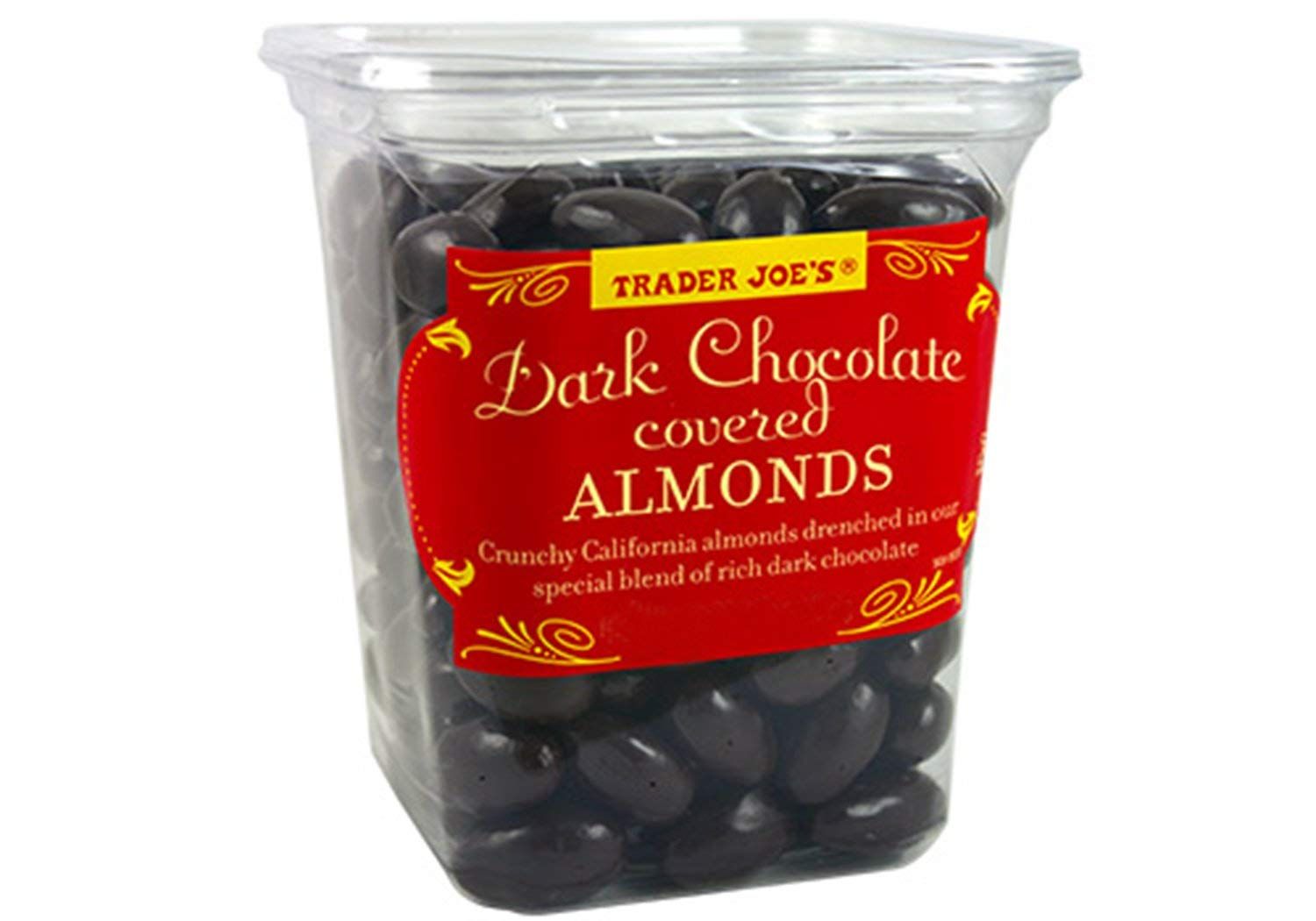 Trader Joe&#39;s Dark Chocolate Almonds Crunchy California Almonds Drenched in Rich Dark Chocolate no gluten or sodium, 2 Pack