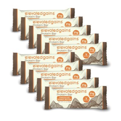 Elevated Gains Chocolate Peanut Butter Protein Bars, 10 Pack - 20g of Protein &amp; 7 Natural Ingredients, Sweetened with Honey, No Artificial Sweeteners, Healthy Snack for On the Go