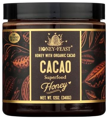 HONEY FEAST Raw Honey with Organic Cacao, 12oz | Chocolate Honey | Gourmet Cocoa Flavor | Raw Cacao Superfood Blend | Perfect for Foodies &amp; Gifts | Sustainable Central Florida Apiary