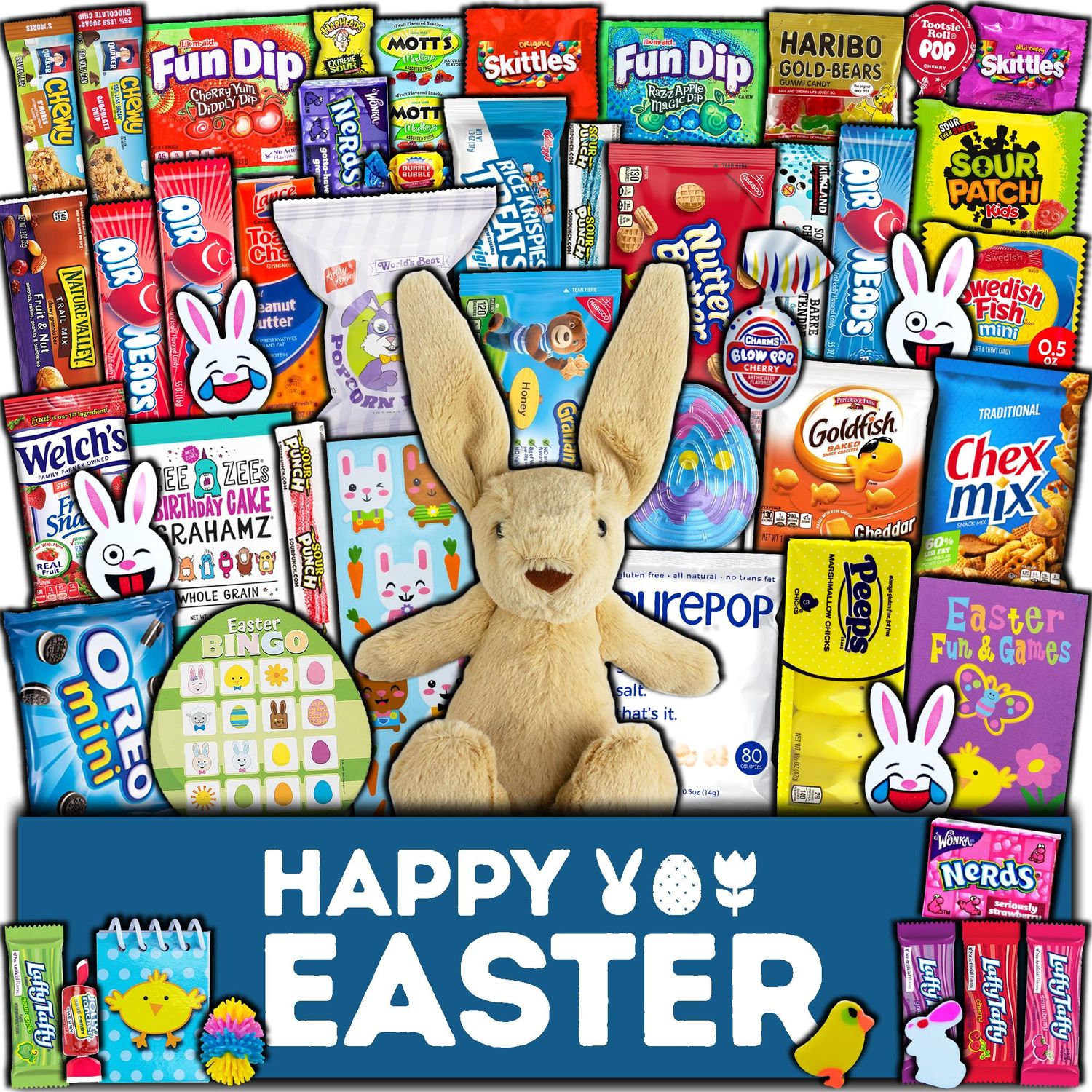 Easter Care Package (50ct) - Candy Snacks Treats Plush Bunny Chocolate Cookies Gift Box Bundle Basket Fillers Stuffers Present Kids Adults Boys Girls College Student Child Grandchildren Toddlers