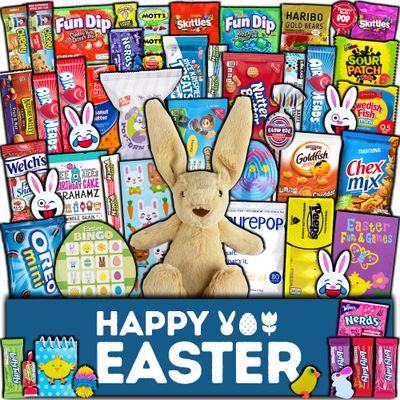 Easter Care Package (50ct) - Candy Snacks Treats Plush Bunny Chocolate Cookies Gift Box Bundle Basket Fillers Stuffers Present Kids Adults Boys Girls College Student Child Grandchildren Toddlers